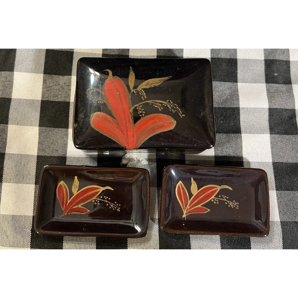 VTG Japanese‎ Brown Red & Gold Floral Soy Sauce Dish Set (2266)